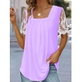 thumbnail image 3 of Camiseta estampada plisada con cuello cuadrado para mujer, camisetas de manga corta con empalme de encaje, Tops holgados informales para mujer 2023, 3 of 4
