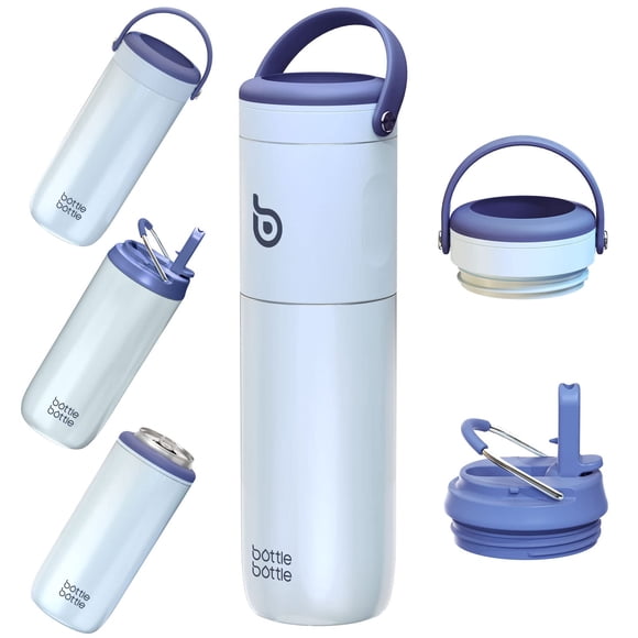 Botella de agua con aislamiento de 530 ml con pajita y 2 tapas, color azul