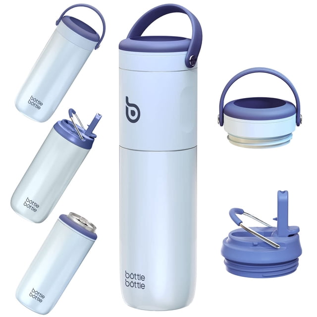 Botella de agua con aislamiento de 530 ml con pajita y 2 tapas, color azul