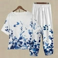 thumbnail image 4 of ICHUANYI ClearanceWomen's Summer Printed Short Sleeve Half Sleeve Round Neck Cropped Top + Casual Pants Suit Set Two Piece Lounge Set(Blue, S) ICHUANYI WER20232080505290, 4 of 5