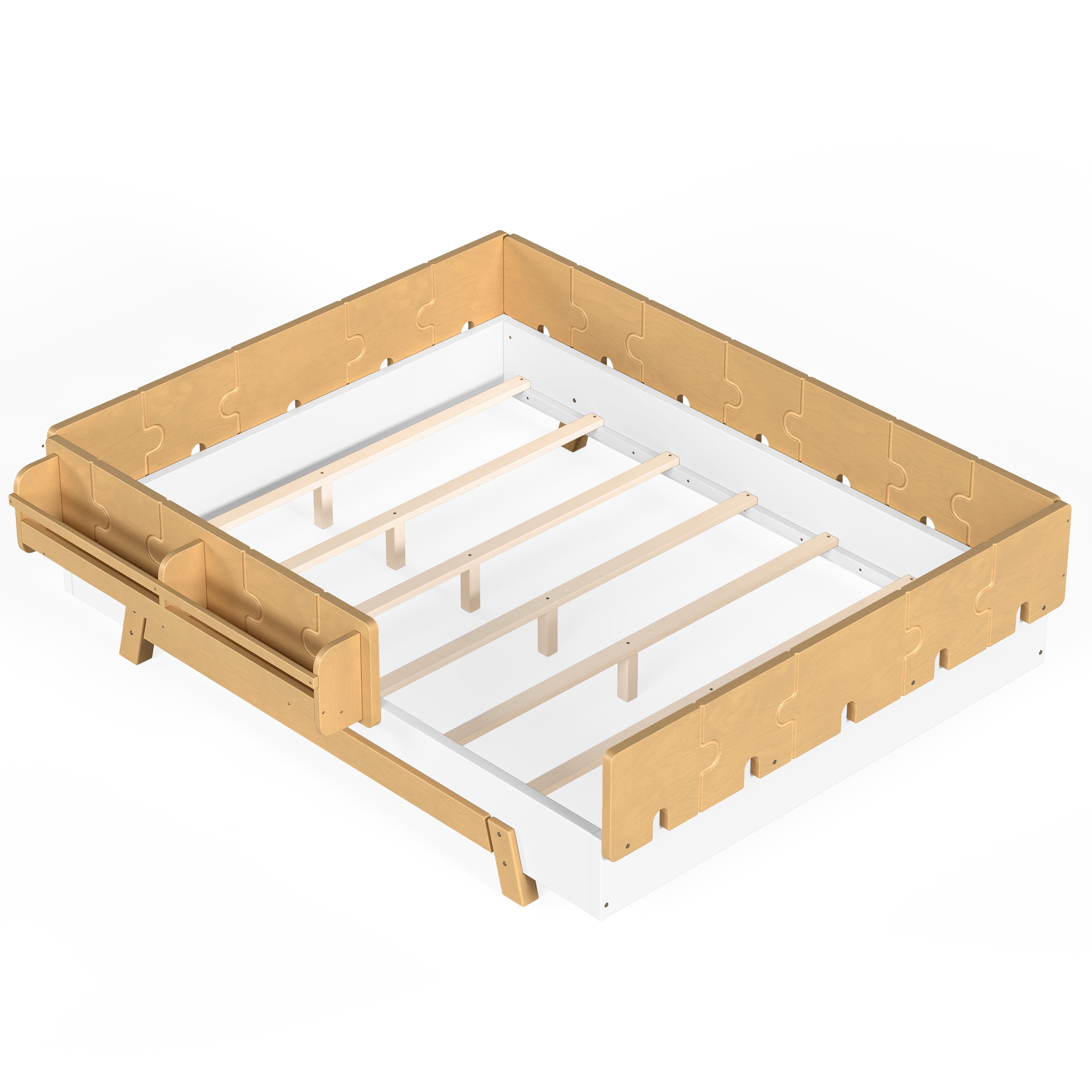 Miniyam Full Size Montessori Floor Bed, Kids Bed Frame with Guardrails and Bookshelf Storage, White & Natural