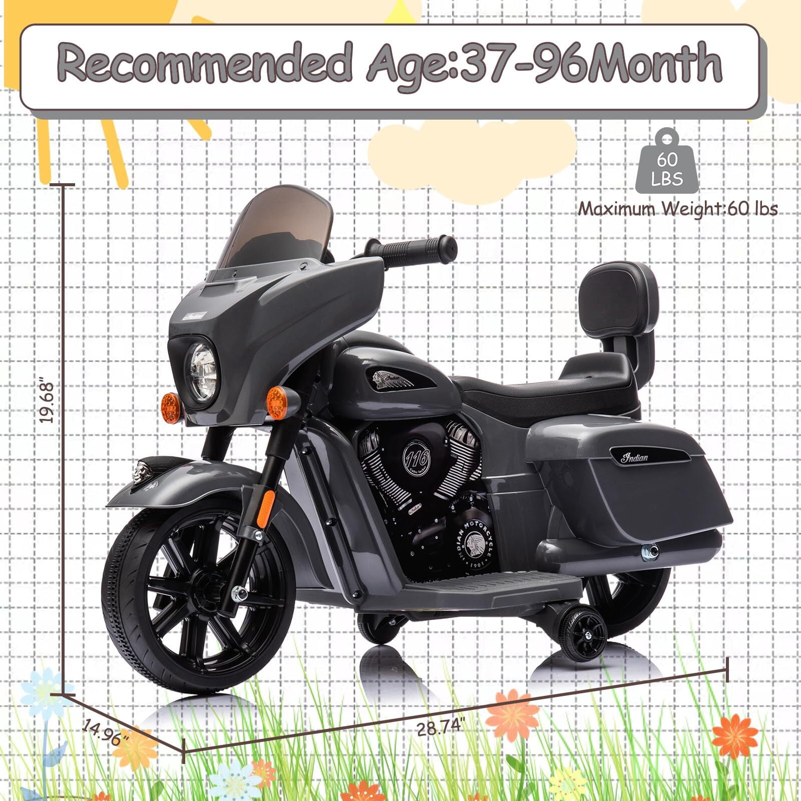 Kids Ride On Motorcycle, Licensed Indian 6V Ride on Toy Electric Motorcycle with USB, AUX，Music and Headlight for Toddler Boys and Girls