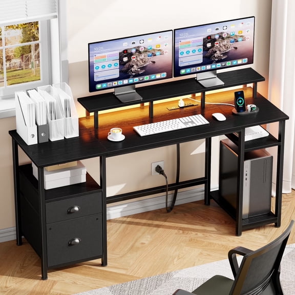 Satifur 61" Reversible 2-Tier Computer Desk with Power Outlet, LED Lights, File Cabinet & Storage Shelves,Black