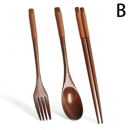 

QINXI 3 Pcs/Set Wooden Tableware Creative Cutlery Set Tied Line Wooden Fork Spoon Chopsticks Travel Utensils with for Camping Picnic Office or Home D8E2