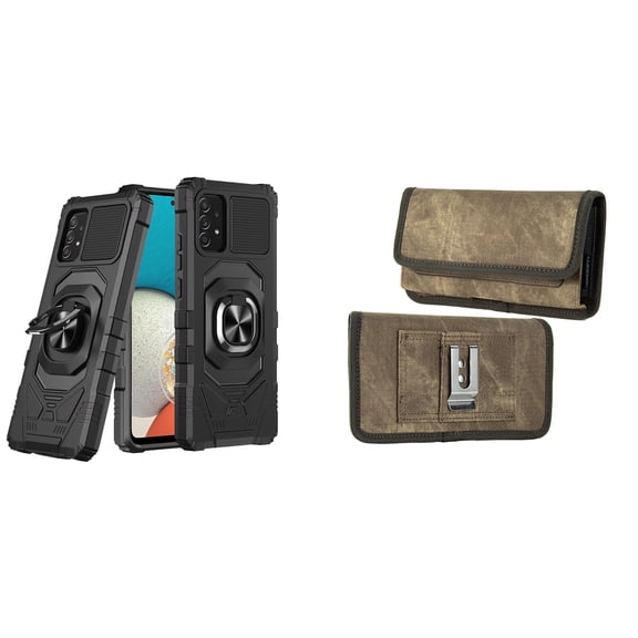 Case with Belt Holster Bundle for Samsung Galaxy A53 5G: Heavy Duty Shield Cover (Black) and Rugged Denim Nylon Phone Pouch (Tan Brown)