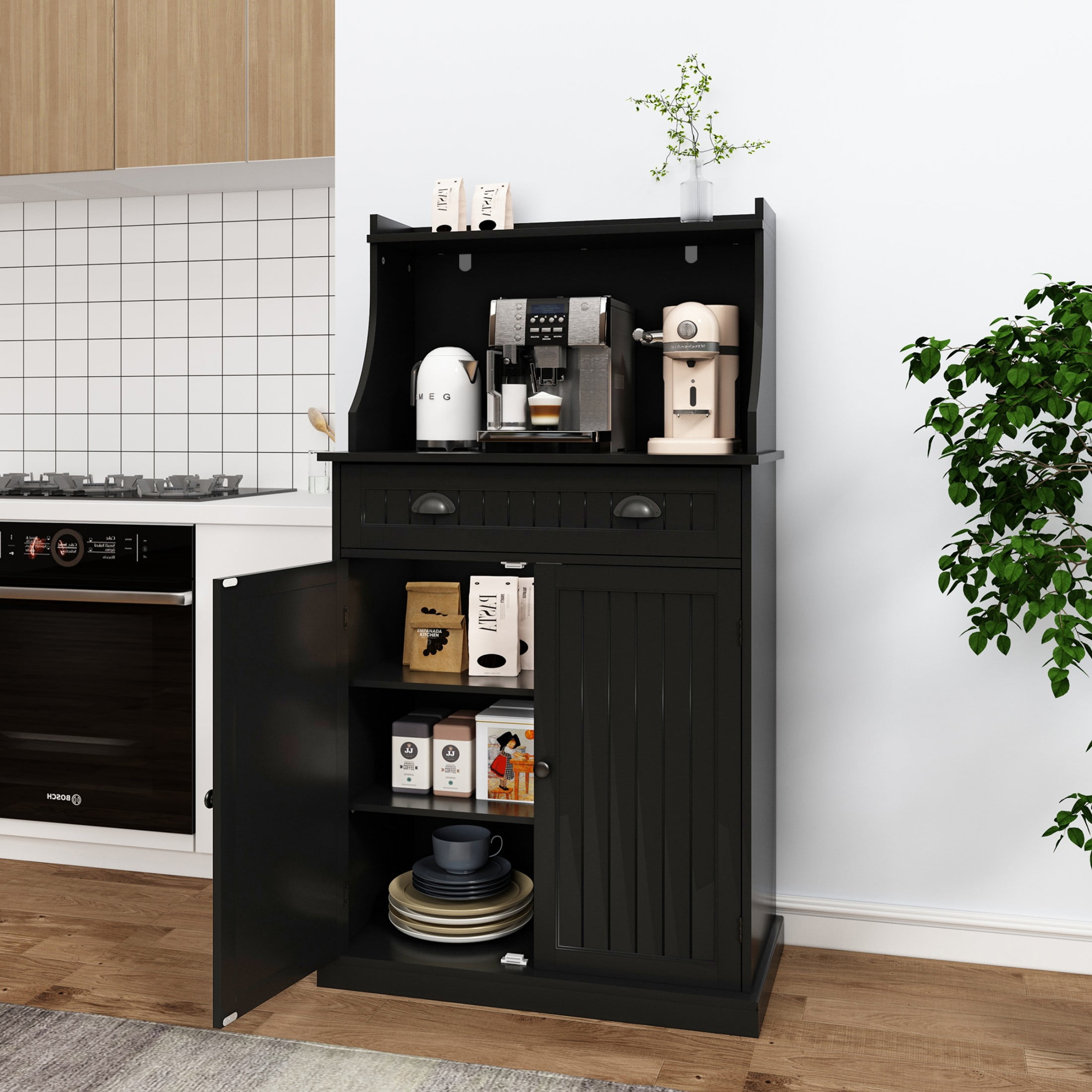 HLR 54" Kitchen Pantry Cabinet with Door & Shelves, Sideboard Buffet Cabinet with Microwave Stand for Dining Room, Black