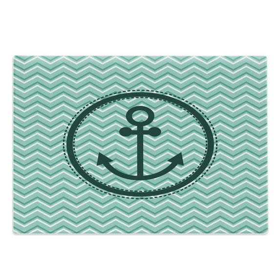 Anchor Cutting Board, Horizontal Zig Zag Pattern Background Anchor Image Circle Shape Medallion, Decorative Tempered Glass Cutting and Serving Board, Large Size, Dark Green Turquoise, by Ambesonne