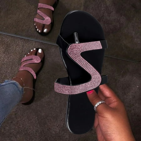 

HIBRO Women s Casual Solid Crystal Roman Plus-size Flat Slippers Sandals Shoes