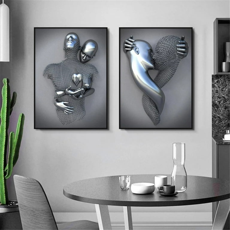 Bedroom Wall Decor, Romantic Couple Living Room Canvas Wall Art, Love Heart 3D Metal Sculpture Effect, Black and White Modern Abstract Lovers Painting