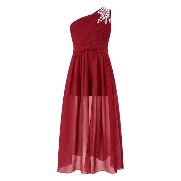 Jhaoyu Girls Junior Bridesmaid Dresses for Wedding Romper Jumpsuit Elegant One Shoulder Birthday Party Dress Burgundy 14
