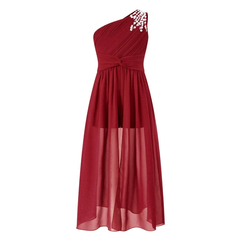 renvena Kids Girls Junior Bridesmaid Flower Girl Dresses Sequin Romper  Sleeveless One Shoulder Formal Gown Size 6-16 Burgundy 14 - Walmart.com