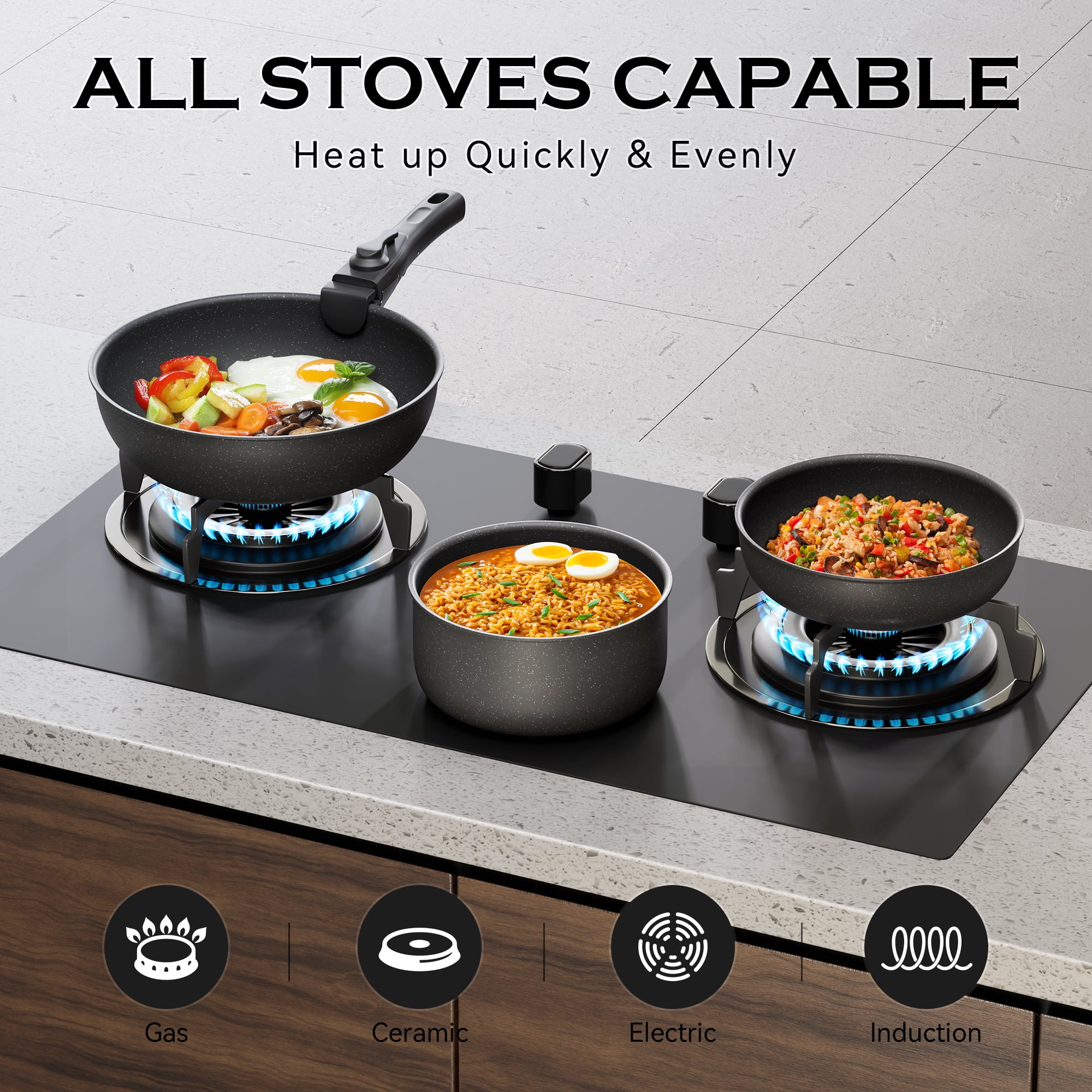 ALPULON 18Pcs Ceramics Pots and Pans Set with Lids, for Induction Cookware,Black