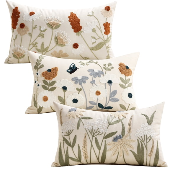 3 Pack Embroidery Throw Pillow Covers 12x20, Floral Botanical Canvas Decorative Pillow Cases for Couch Sofa Bed, Farmhouse Lumbar Cushion Covers with Hidden Zipper - 12x20in Beige Blue Green