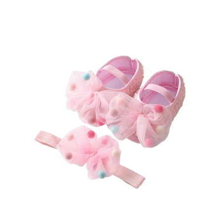 

SIMANLAN Newborn Mary Jane First Walker Crib Shoes Soft Sole Flats Infant With Headband Princess Dress Shoe Baby Girls Prewalker Pink+Headband 4C