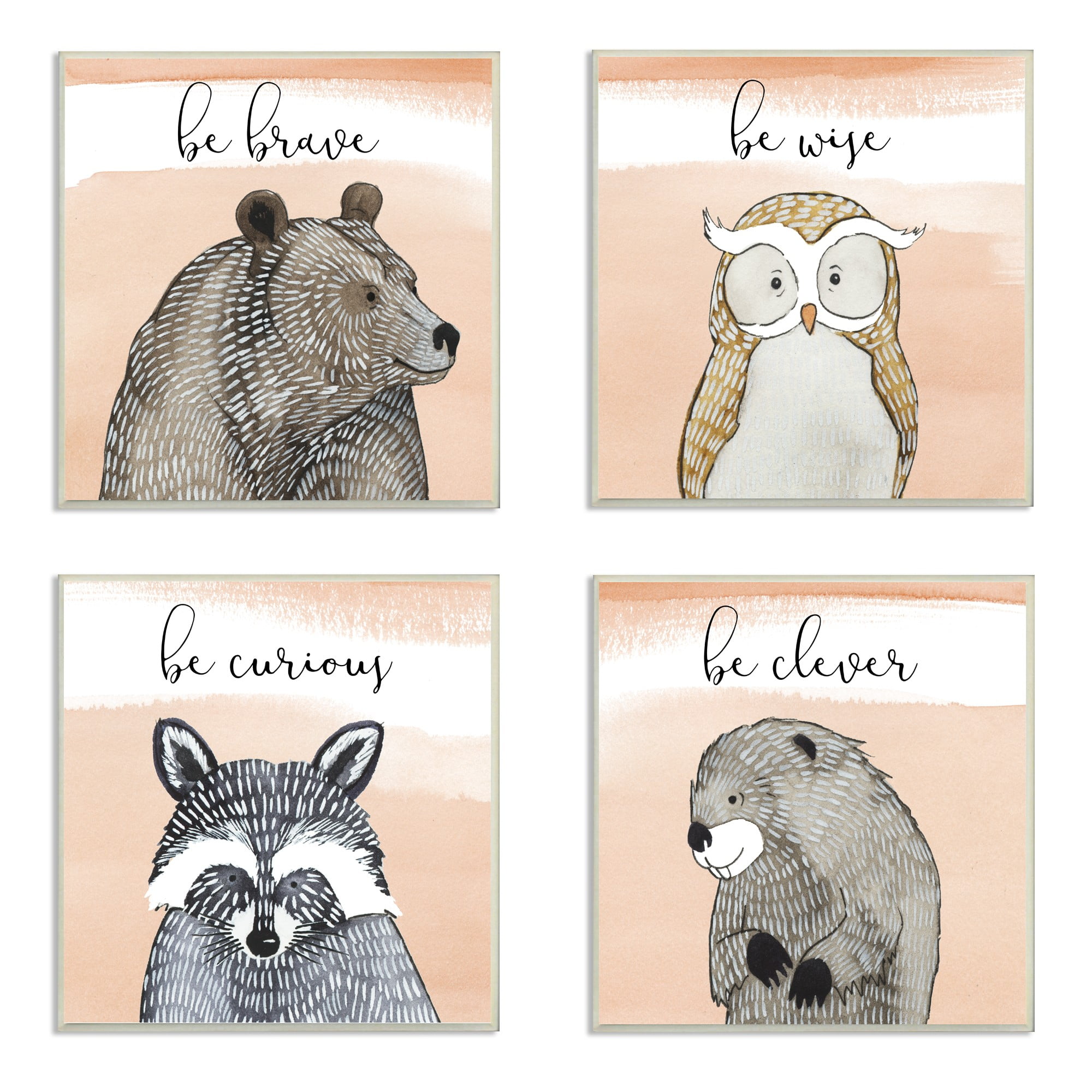 The Kids Room by Stupell Brave Wise Curious Clever Woodland Animals 4pc  Wall Plaque Art Set, 12 x  x 12 