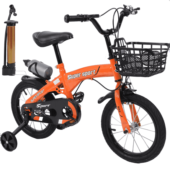 16" Kids Bike with Training Wheels, Height Adjustable Kid's Bicycle with Basket/Water Bottle/Inflator/Bell, Gifts for Girls Boys Toddlers Kids 3-8 YO