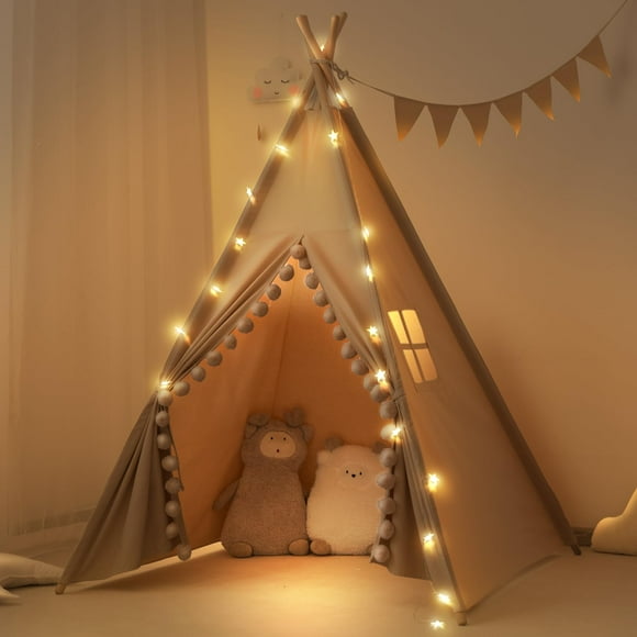 RONGFA Tipi pour Enfants avec Lumières et Grands Pompons et Sac de Transport, Tente Lavable à la Machine pour Enfants d'Intérieur, Tipi pour Tout-Petits Filles et Garçons Sans Tapis