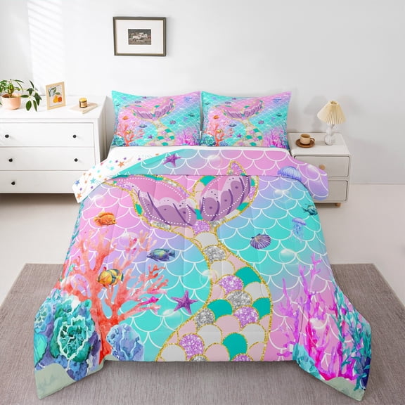 Erosebridal Mermaid Tail Comforter Set, Fish Scales Down Comforter Twin,Girly Rainbow Bedding Set Ocean Life Sea Animal Quilted Duvet Teal Sequins Pastel Pink Paillette Bedroom Decor,Multicolor