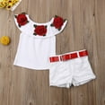 thumbnail image 5 of Bagilaanoe 2pcs Little Girls Short Pants Set  Off Shoulder Floral Embroidery Crop Tops + Shorts with Belt 1T 2T 3T 4T 5T 6T 7T Kids Casual Summer Outfits, 5 of 7