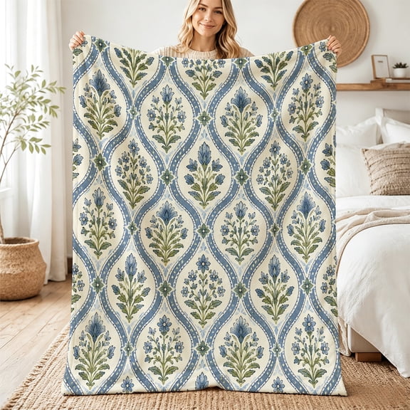 Verolix Blue Botanical Lattice Flannel Throw Blanket for Couch and Bed, Holiday Gift, 30" x 40"