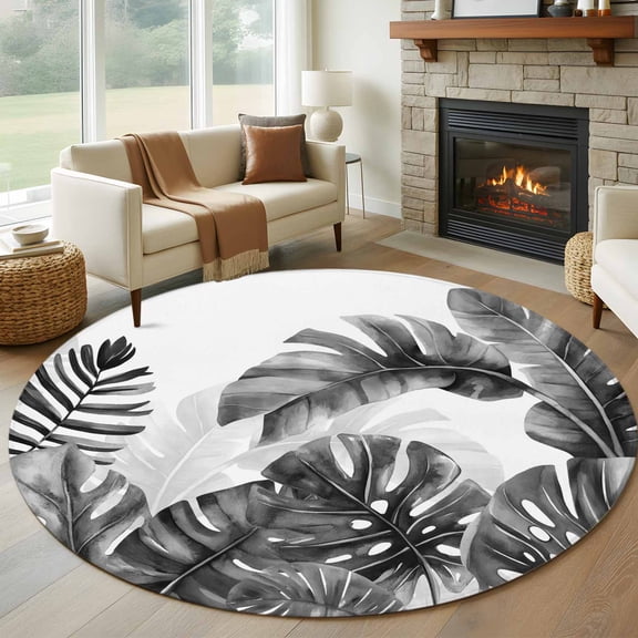 Large Round Rug 8Ft Washable Non-Slip, Grey Black Leaves Circle Area Rugs for Living Room Bedroom, Summer Botanical Watercolor Leaf Indoor Floor Mats Carpet Runner for Home Decor