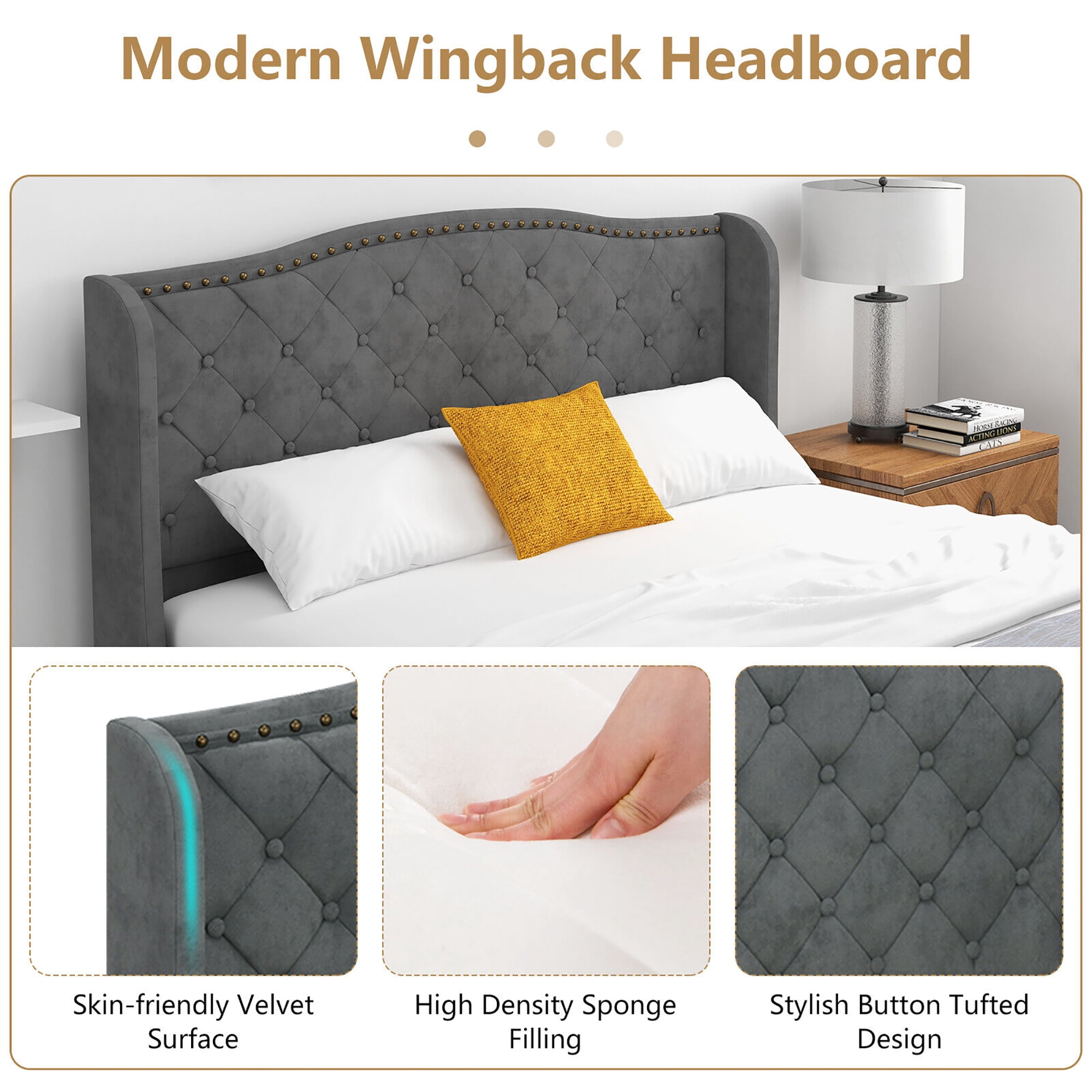 Gymax Queen Upholstered Platform Bed Frame w/ Button Tufted Headboard Noise-free