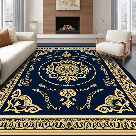 ODIKA 4'x6' Machine Washable Non-Slip Area Rug, Ornamental Medallion Border Round High Traffic Rug, Gold, 237394