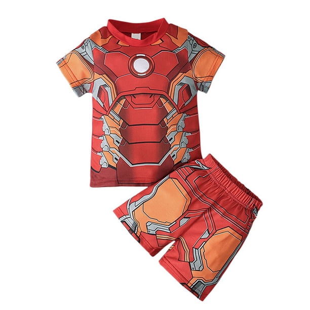 Niños Casual Chándal Verano Mangas cortas Capa de dibujos animados Niños Spiderman Superhéroe Ropa Trajes Niños Iron Man Tops Pants5Y Tag-130 Gao Jinjia LED