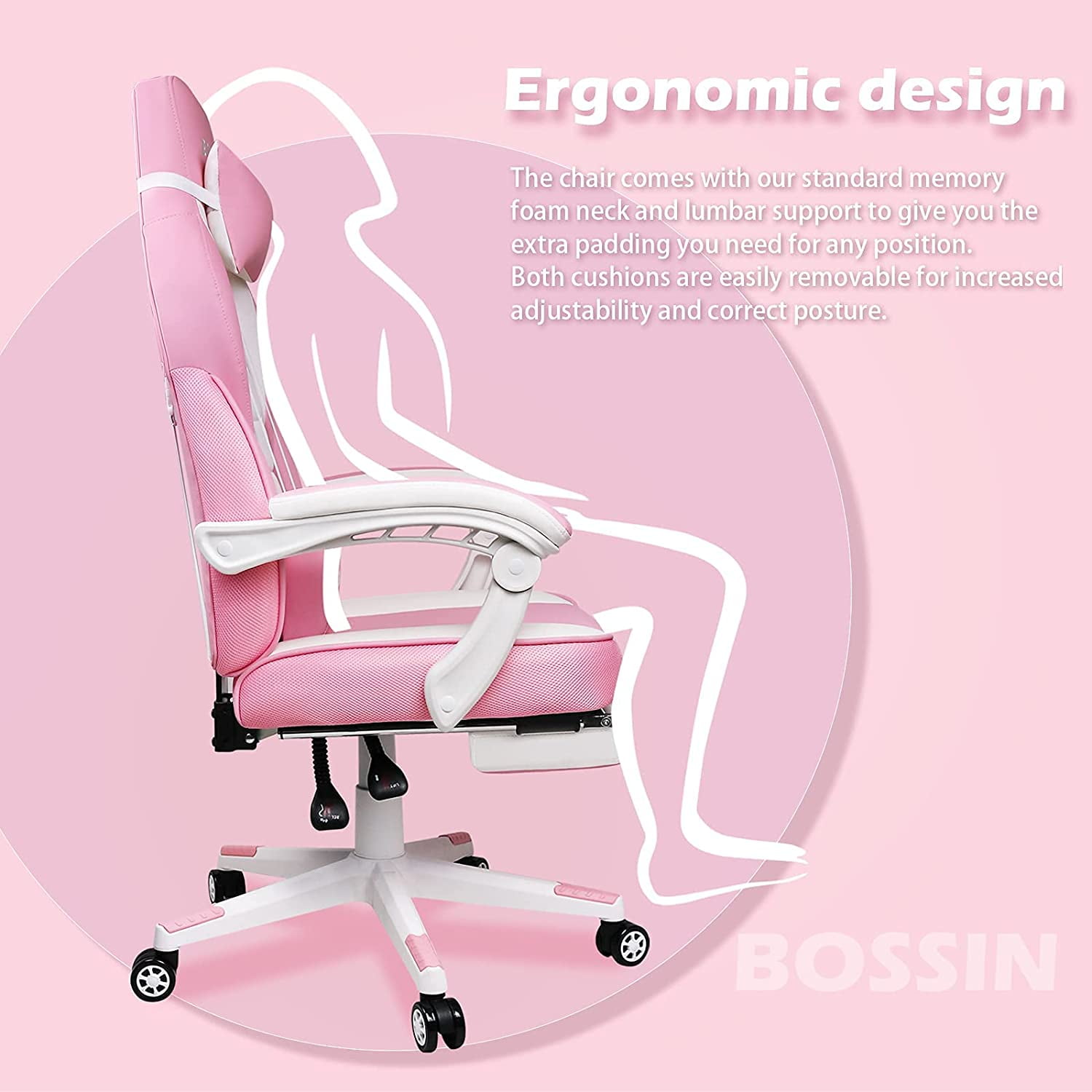 Bossin Gaming Chairs with Footrest, Massage Leather Game Chair for Adults, Big and Tall Gamer Chair with Headrest and Lumbar Support