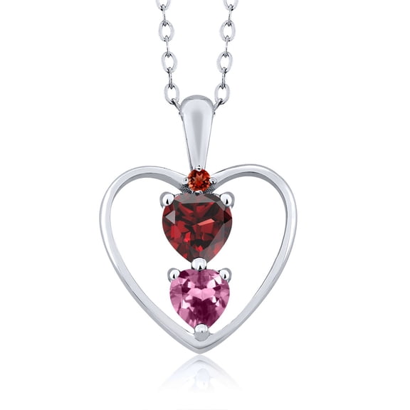 Gem Stone King 925 Sterling Silver Red Garnet Pendant Necklace for Women (0.84 Cttw, Gemstone January Birthstone, Heart 5MM and 4MM, with 18 inch Silver Chain)
