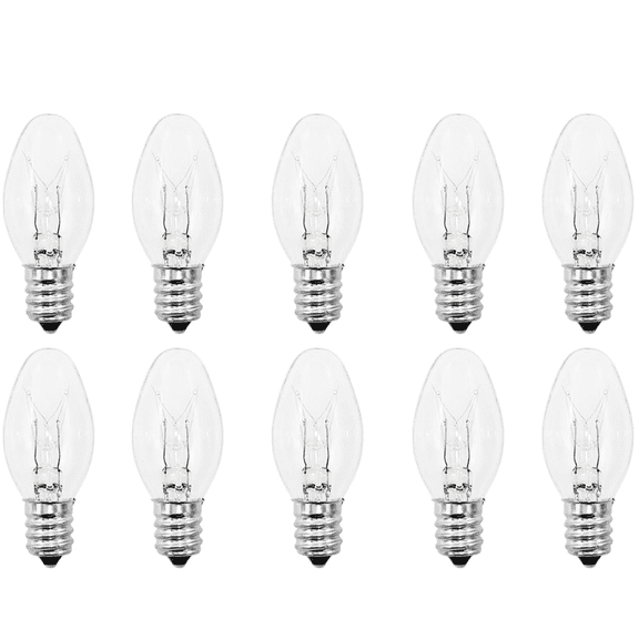 10Pack 7 Watt C7 Night Light Bulbs, E12 Candelabra Base, Clear Christmas Light Replacement Bulbs