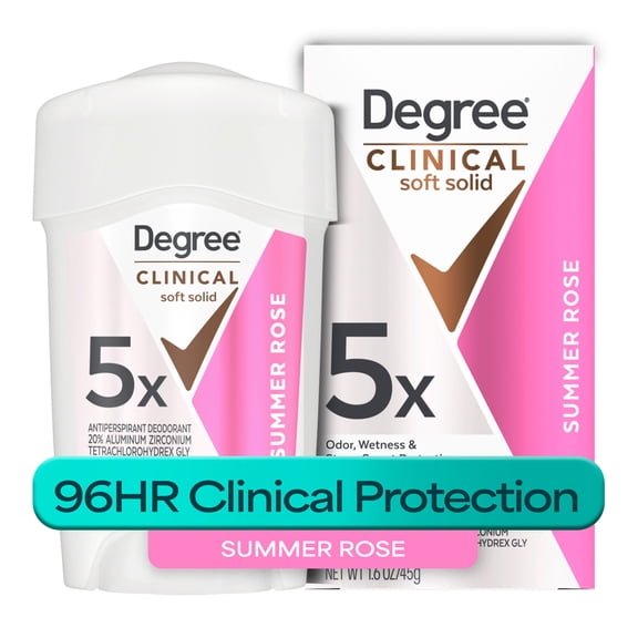 Degree Clinical Strength Antiperspirant Deodorant 96-Hour Sweat and Odor Protection Summer Rose Soft Solid 5x Types of Sweat, 1.6 oz