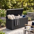 thumbnail image 2 of Decksplore 100 Gallon Outdoor Deck Box, Waterproof Woodgrain Resin Patio Storage Bench with Lockable Lid for Backyard, Poolside & Garden, Black, 2 of 9