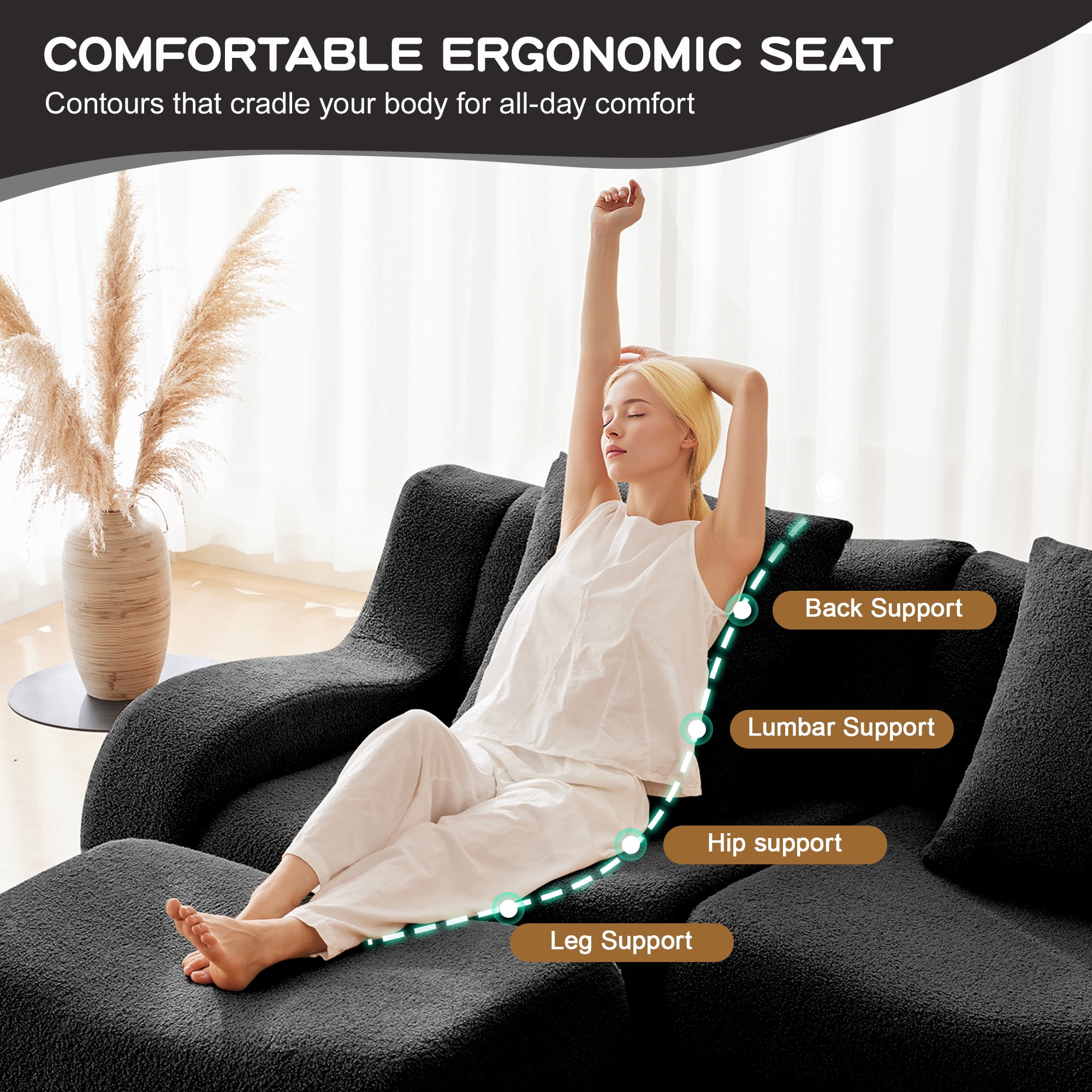 MAYEERTY 115.3" L-Shaped 3-Seat Teddy Fabric Boneless Sofa, Black 300lbs/seat 32D Foam No Assembly Couch with Chaise for Living Room Bedroom