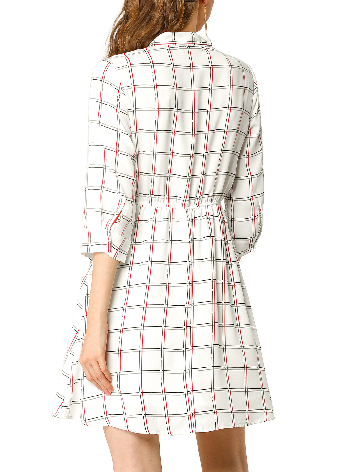 Unique Bargains Women's Plaids Print Tie-bow Neck 3/4 Sleeve Work Office Dress