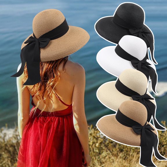 WHEANG Trendy Summer Straw Hats for Women Black Bow Lightweight Foldable Wide-Brimmed Hat Outdoors Weddings Travel-Friendly Caps Retro Beach Vacation Sun Hats Under $9 White