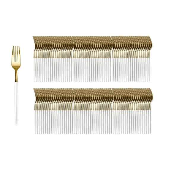 Crown Display 120 Pack Two Toned Heavy Duty Plastic Silverware Forks - White and Gold