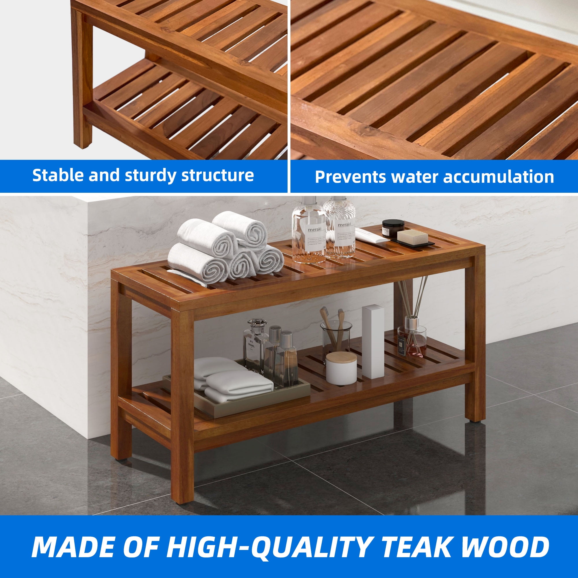 Uforic 36 Shower Seating Bench with Storage Shelf Teak Wood Shower Stool with Non Slip Pads Brown Walmart