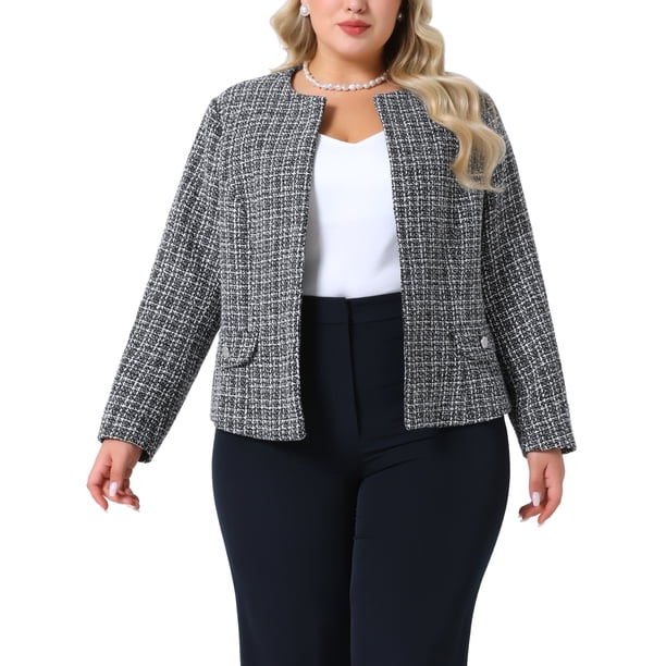 Blazer de tweed para mujer de tallas grandes Agnes Orinda, con cuello de cuadros, abierto al frente, de manga larga, chaqueta de negocios casual con decoración de botones, 4X negro