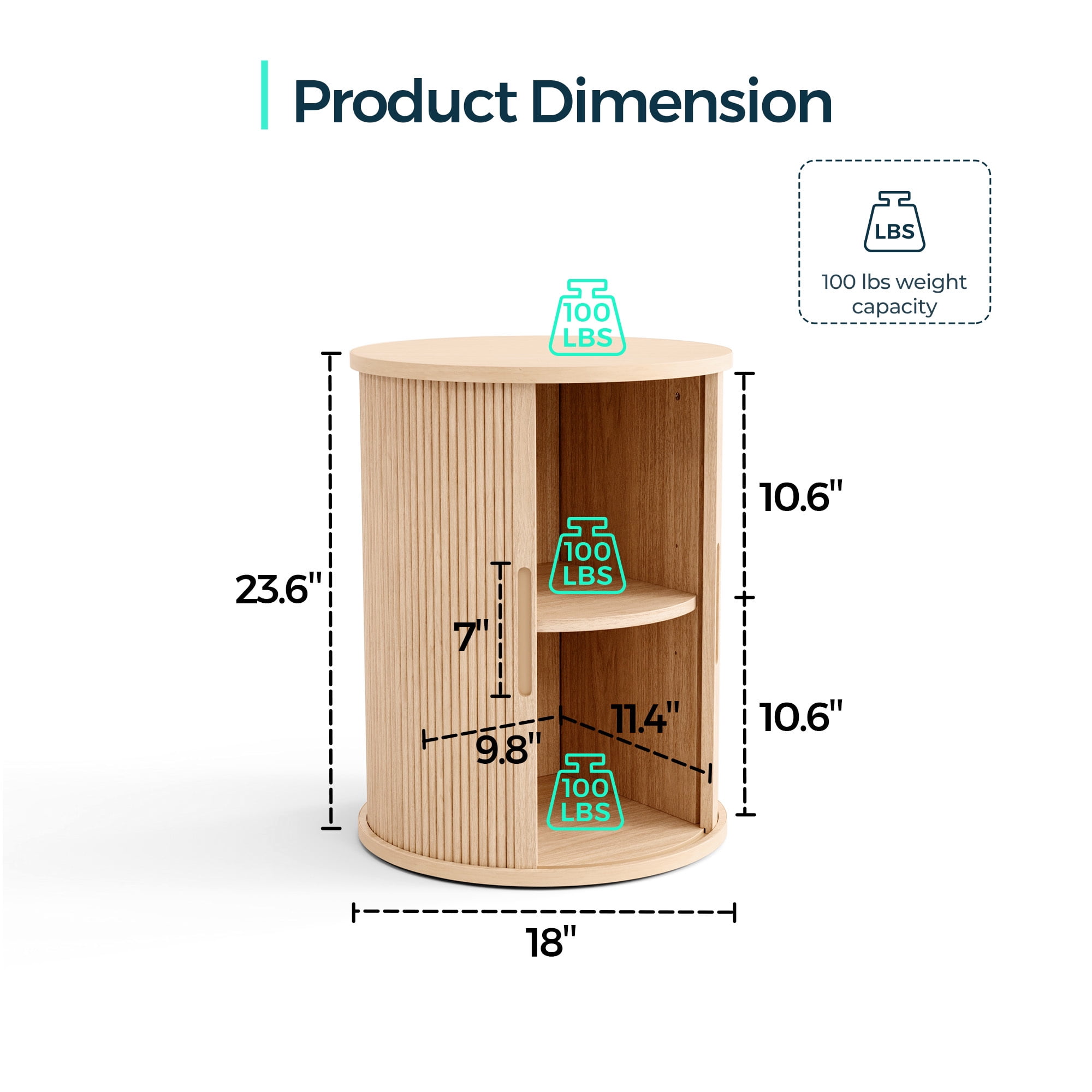 LINSY HOME Fluted Round End Tables for Living Room, Nightstand for Bedroom with with Sliding Tambour Door and Adjustable Shelves, Oak(1 Pcs)