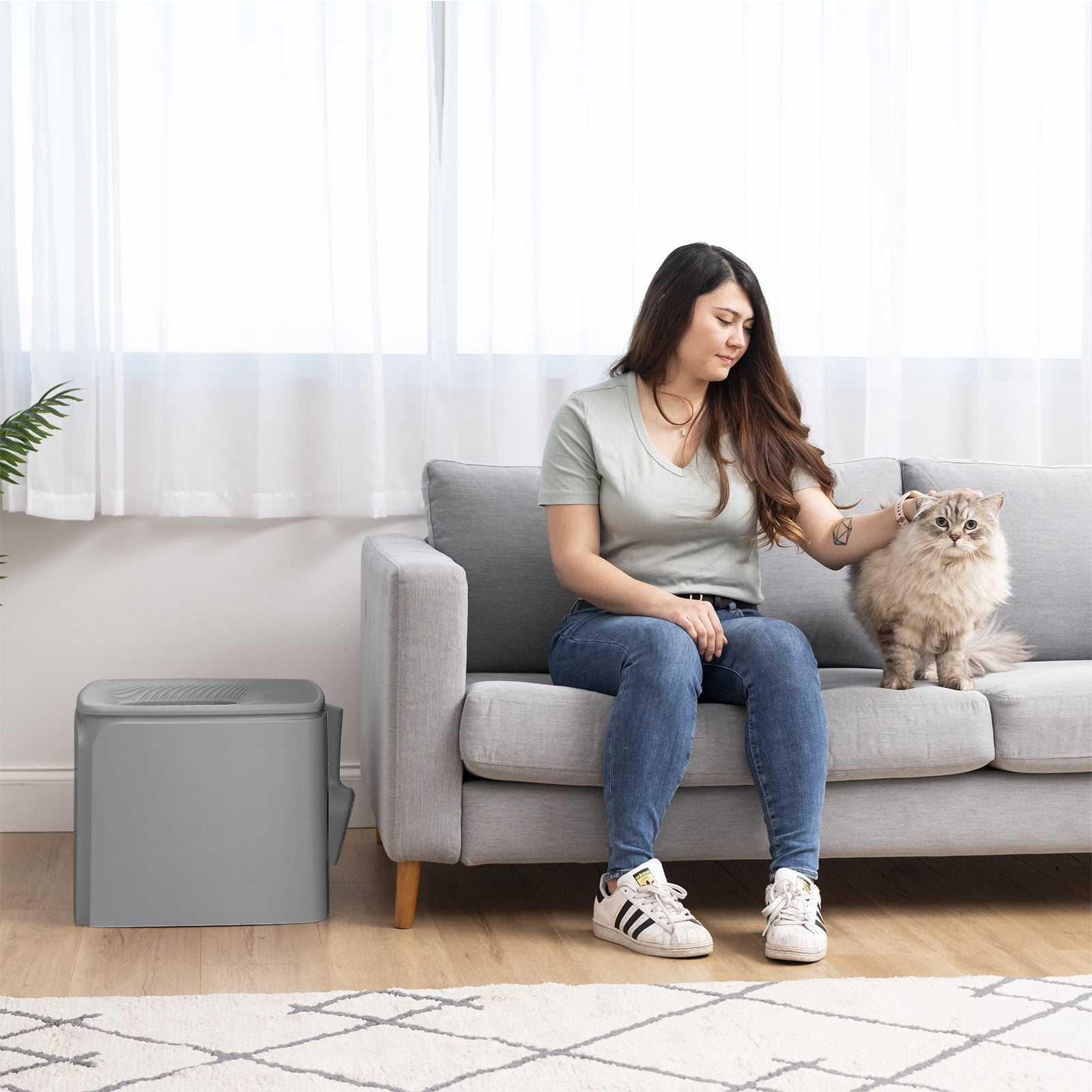 IRIS Premium Square Top Entry Cat Litter Box with Scoop, Kitty Litter Pan with Litter Particle Catching Cover and