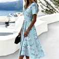 thumbnail image 5 of Beach Dresses for Women Short Sleeve Wrap V-Neck Hight Waist Sundress Casual Knee Length A-Line Dress, 5 of 7