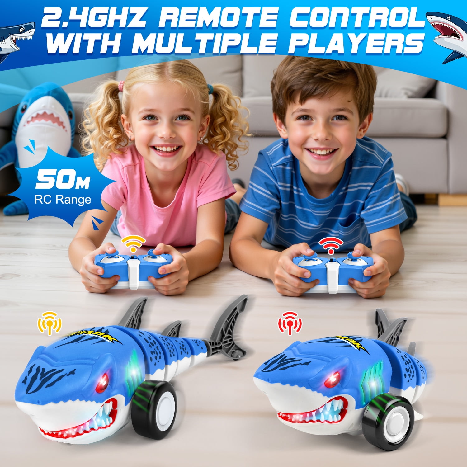 Huge Wave Remote Control Shark Car Toys for Kids, 2.4Ghz RC Shark Cars with Cool Light, 360° Stunt Swinging Tail, Birthday Gifts for Girls Boys Age 3-8