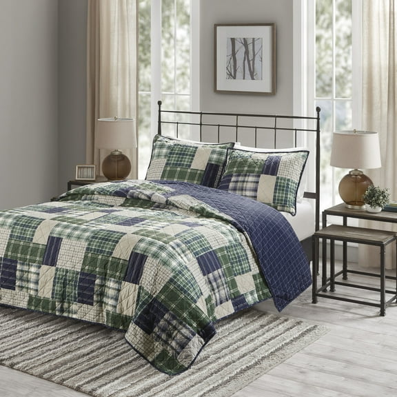 Izzovium 3-Piece Reversible Quilt Set King/Cal King, Green/Navy, Microfiber Bedding with Cotton Fill