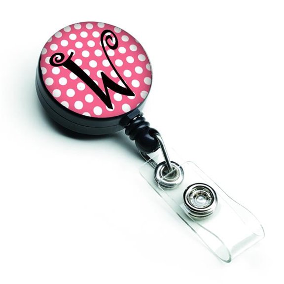 Carolines Treasures CJ1001-WBR Letter W Monogram Pink & Black Polka Dots Retractable Badge Reel