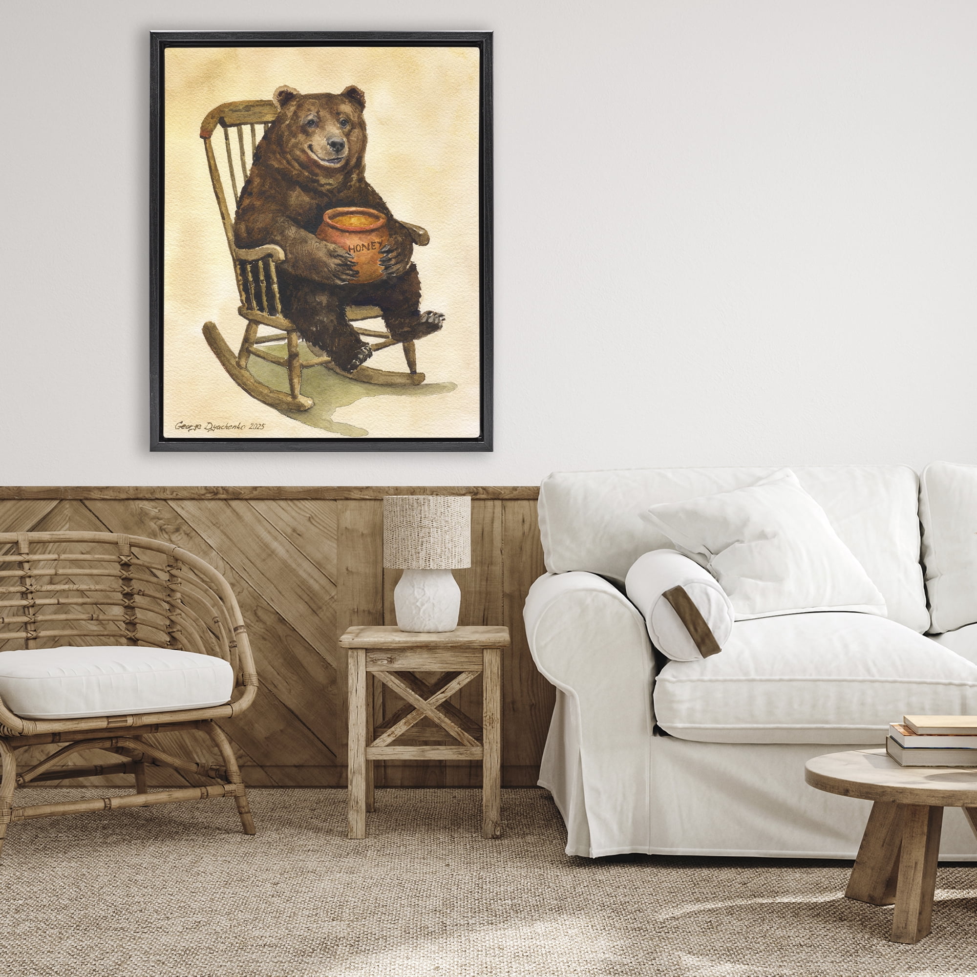 Stupell Industries Happy Bear & Pot of Honey Black Framed Floater Canvas Wall Art, design by George Dyachenko