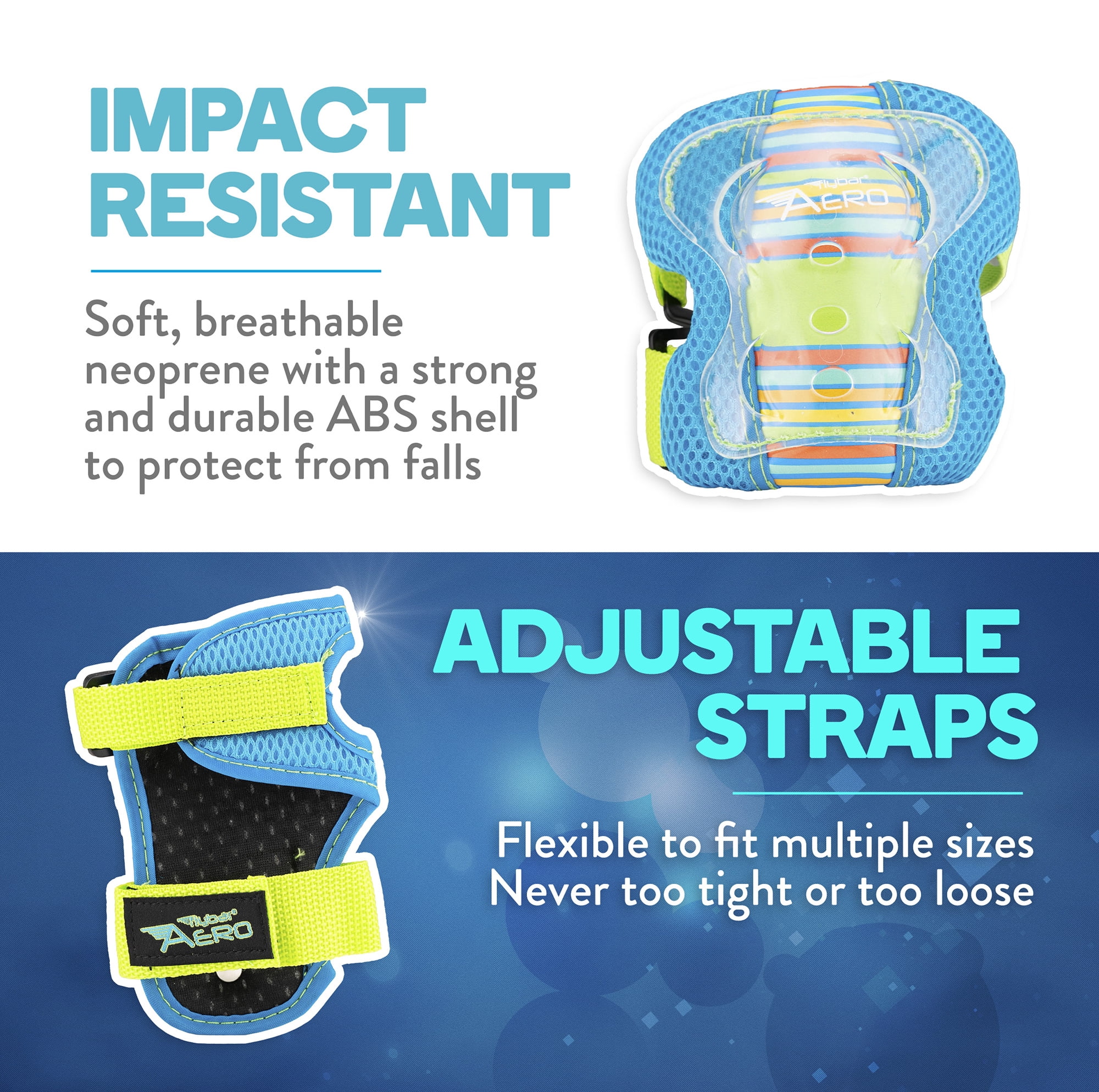 Flybar Aero Elbow, Knee and Wrist 3 in 1 Multi-Sport Protection for Kids, Ages 5-10, Blue