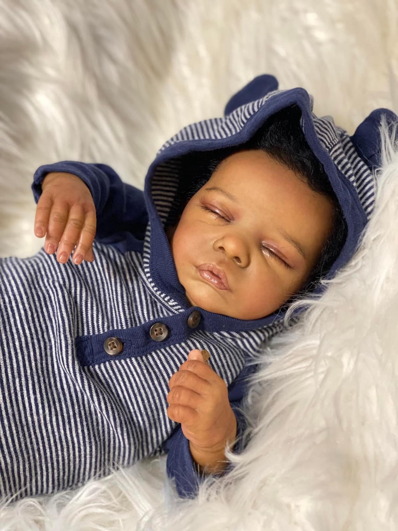 Reborn Baby Dolls 19 inch Lifelike Cute Soft Body Sweet Sleeping Real Life Baby Dolls Black Skin Real Newborn Dolls with Outfit and Feeding Toy for 3+ Years Old Kids