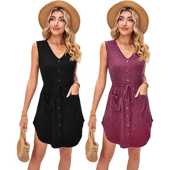 FLMEI Womens Casual Dress Sleeveless V Neck Sundress Women Summer Beach Long Dresses with Pockets S-XXL