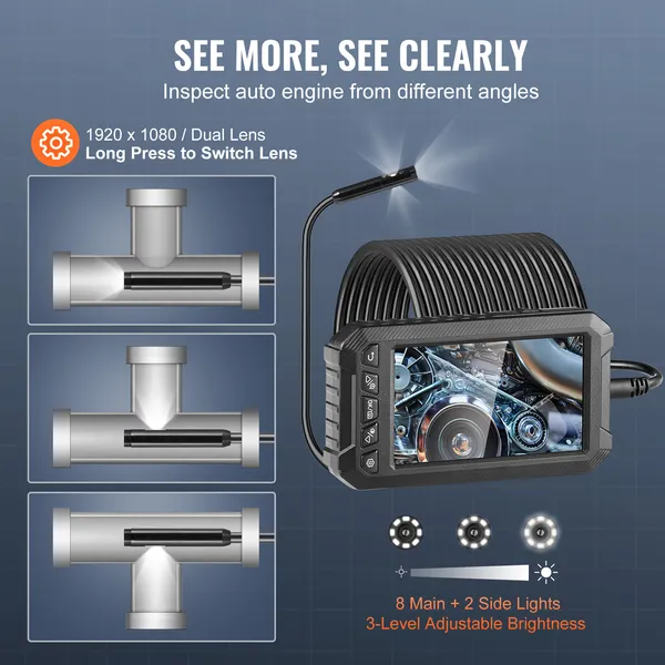 1080P Endoscope Camera with 5" Screen and 49.2FT Cable,Triple Lens Inspection Tool with 10 LED Lights for Automotive&Plumbing